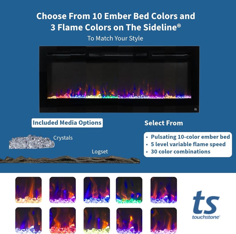 Touchstone Smart Electric Fireplace-The Sideline 50" Wide-in Wall Recessed - 30 Realistic Ember Color/Flame Options - 1,500W Heater w/Thermostat - Log & Crystal Hearth Options - Alexa/WiFi Enabled