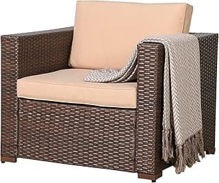 Patiorama Patio Single Sofa, Outdoor Armchair, All-Weather Brown PE Wicker Rattan Sectional Sofa, Additional Chair for Furniture Set, Patio Seating for Balcony Garden Porch Pool (Beige Cushion)