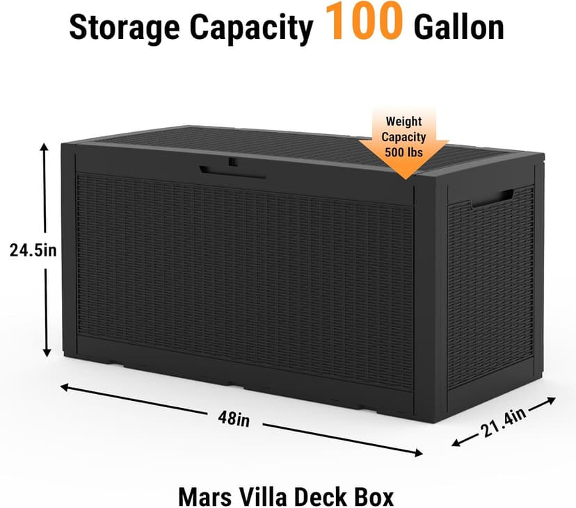 100 Gallon Waterproof Deck Box, Resin Outside Storage Box, Large Outdoor Storage Bin for Patio Furniture Cushions, Pool Supplies, Garden Tools, Weatherproof, Black