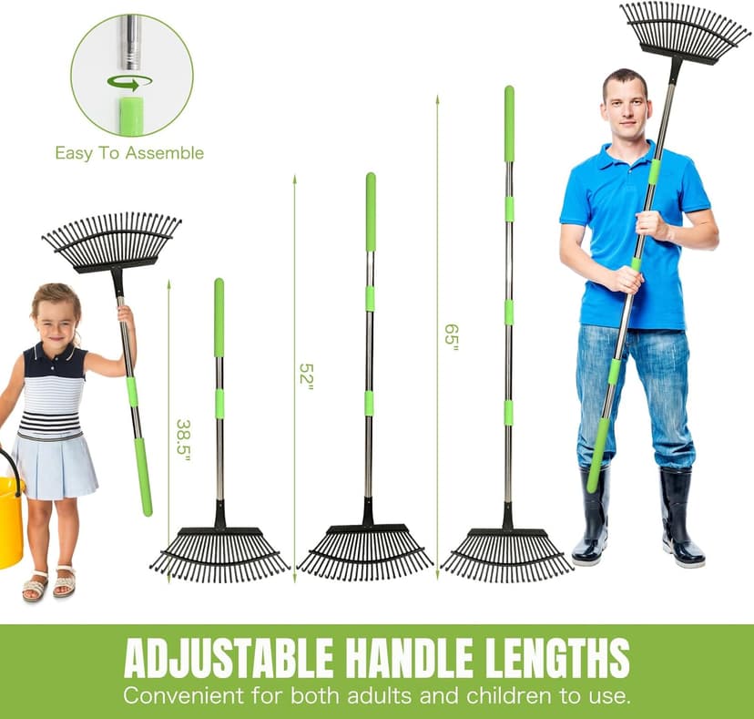 Joyhalo Rake for Leaves Adjustable 65 Inch Long, 18 Inch Wide Garden Rake with 25 Tines, Metal Leaf Rakes, Rakes for Lawns, Gathering Leaves, Weeds, Debris