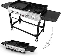 Royal Gourmet GD401 Portable Propane Gas Grill and Griddle Combo with Side Table | 4-Burner, Folding Legs,Versatile, Outdoor | Black 66 Inch
