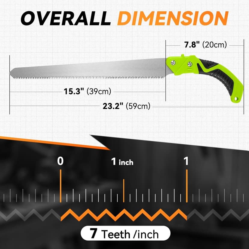 Auto Dynasty 15.5" Curved Hand Pruning Saw Straight Blade Handsaw with Scabbard Safety Sheath Non-Slip Comfort Grip for Sawing, Trimming, Gardening, Cutting Wood, Green