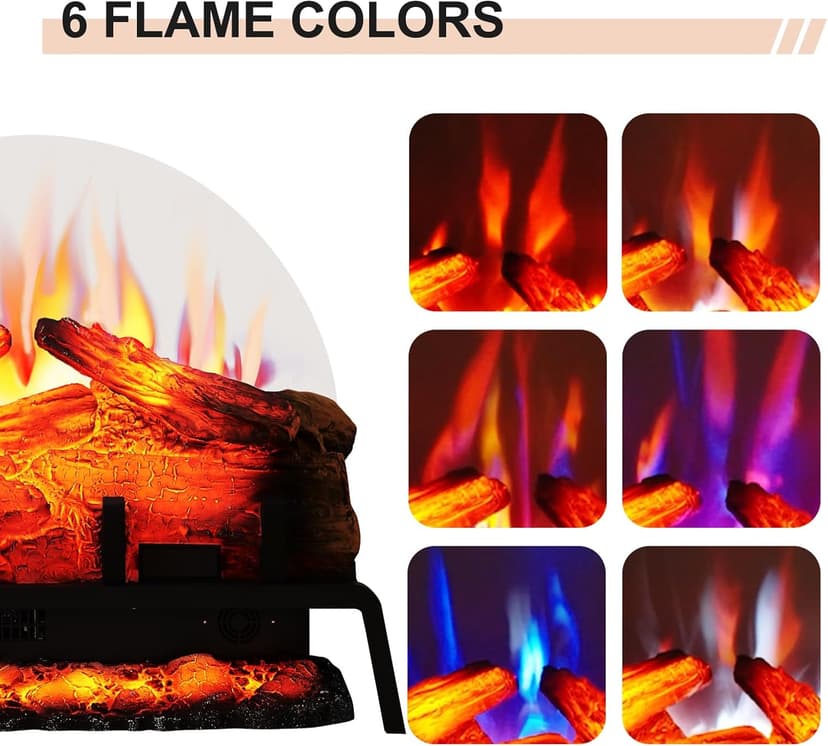 PuraFlame 24" Free Standing Electric Fireplace Log Set Insert, 750W/1500W Heater, 6 Flame Colors with 5 Brightness, Crackling Sound, Remote Control