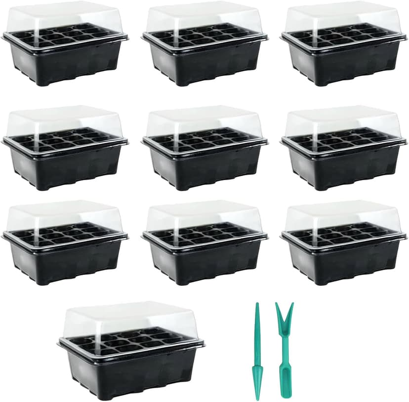 10 Sets of Plant Seedling Starter Trays – 12 Cells per Tray with Dome, Durable Reusable Plant Germination Kit with Dibber & Widger