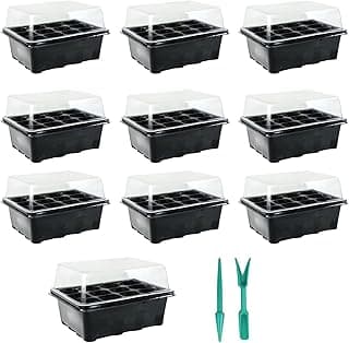 10 Sets of Plant Seedling Starter Trays – 12 Cells per Tray with Dome, Durable Reusable Plant Germination Kit with Dibber & Widger