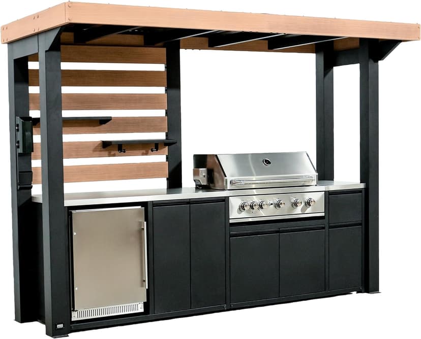 Backyard Discovery Fusion Flame Galvanized Steel Covered Outdoor Kitchen with 5-Burner Stainless Steel Grill, Refrigerator, Countertop, Storage, and Steel Roof for All-Season Outdoor Cooking