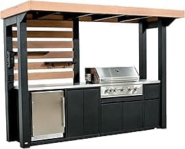Backyard Discovery Fusion Flame Galvanized Steel Covered Outdoor Kitchen with 5-Burner Stainless Steel Grill, Refrigerator, Countertop, Storage, and Steel Roof for All-Season Outdoor Cooking