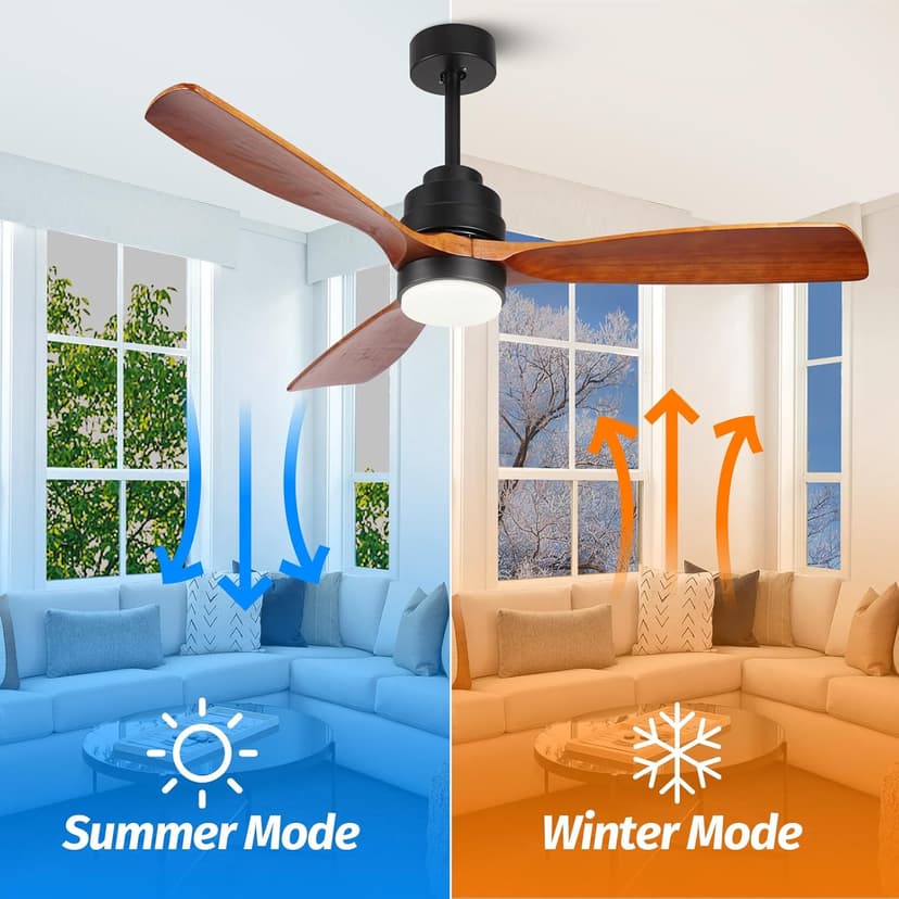 Wood Ceiling Fan with Light,Energy Saving,Ultra-Quiet DC Motor,3 Blades,6 Speed,Outdoor/Indoor Ceiling Fan for Patio,Deck,Porch,Bedroom,Living Room,Brown Walnut