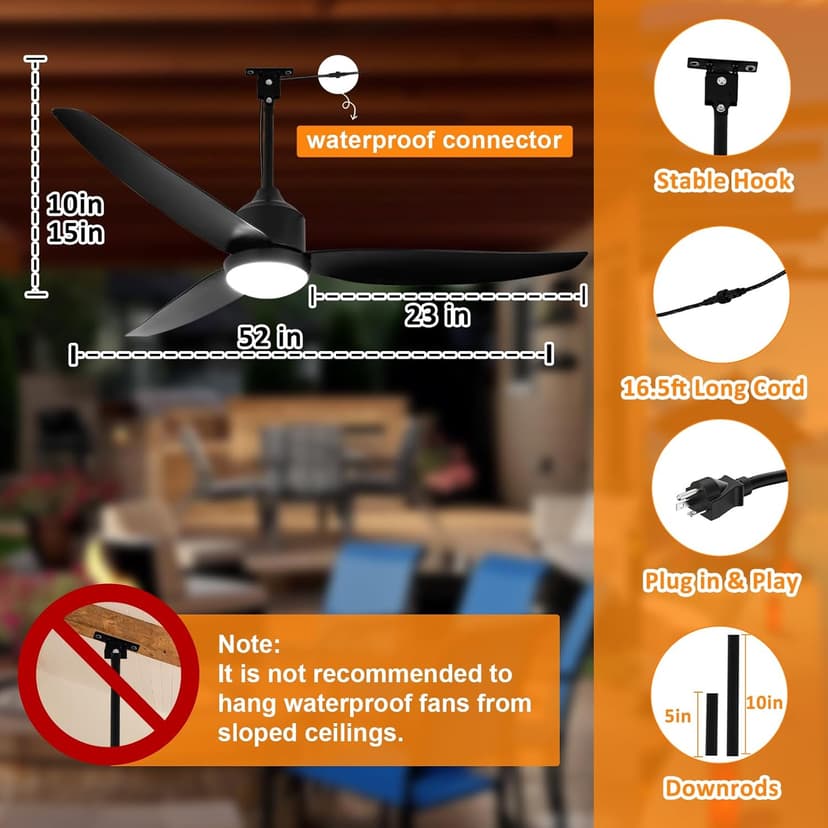 Depuley Outdoor Ceiling Fan with Light: 52 Inch Gazebo Fan Outdoor Hanging - Plug in Ceiling Fan for Patio Waterproof - Dimmable Ceiling Fan Remote App Control Black