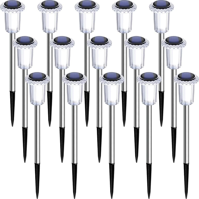 DenicMic Solar Lights Outdoor Pathway Lights 6000K LED Waterproof Acrylic Lamp Head Stainless Steel Stake for Yard Garden Landscape Path Walkway Driveway Patio Lawn (15Pack Cold White)