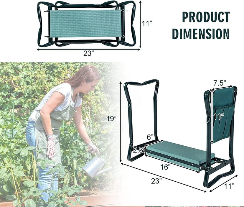 2-in-1 Garden Kneeler & Seat, Folding Seat w/EVA Foam Kneeling Pad & Removable Tools Pouch, Sturdy Steel Frame, No Assembly, Portable Heavy Duty Garden Stool for Women & Men