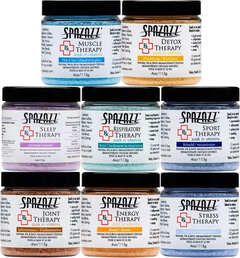 Spazazz RX Therapy Hot Tub Spa and Bath Aromatherapy Salt Crystals 4oz 8 Pack Sample Bundle Includes Muscle - Joint - Detox - Stress - Respiratory - Sport -Sleep - Energy. Great for Muscles & Joints