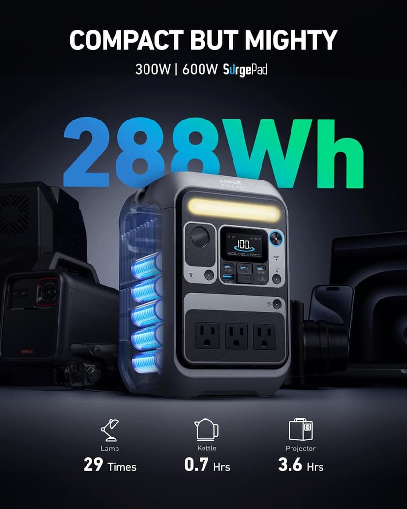 Anker SOLIX C300 Portable Power Station, Outdoor 288Wh LiFePO4 Battery, 300W (600W Surge) Solar Generator, 140W Two-Way Fast Charging, for Camping, Traveling, and Emergencies (Solar Panel Optional)