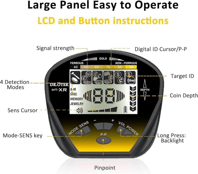 DR.ÖTEK Metal Detector for Adults Professional, Gold Metal Detector, Pinpoint & Exclusive Memory Mode, Higher Accuracy, IP68 Waterproof Coil, Bigger Backlit LCD Display, New Advanced DSP Chip, Yellow