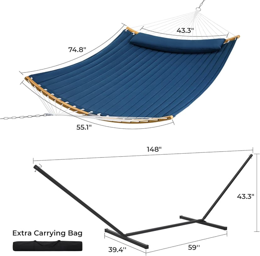 SUPERJARE Curved-Bar Hammock with Stand, 2 Person Heavy Duty Hammock Frame, Detachable Pillow & Portable Carrying Bag, Perfect for Outdoor & Indoor, Navy Blue