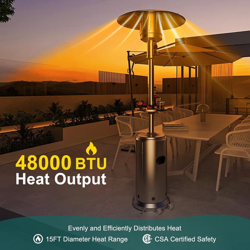 Stainless Steel Propane Patio Heater,48000BTU Outdoor Gas Heater with Ignition Systems and Wheels, Deck Heater for Backyard Garden Restaurant Cafes,Double-Layer Burner,Cover Up 200 Sq.ft