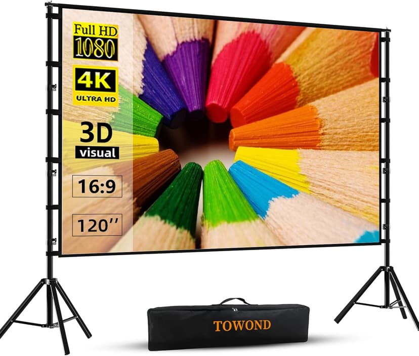 Projector Screen and Stand,Towond 120 inch Outdoor Projection Screen, Portable 16:9 4K HD Rear Front Movie Screen with Carry Bag Wrinkle-Free Design for Home Theater Backyard Cinema
