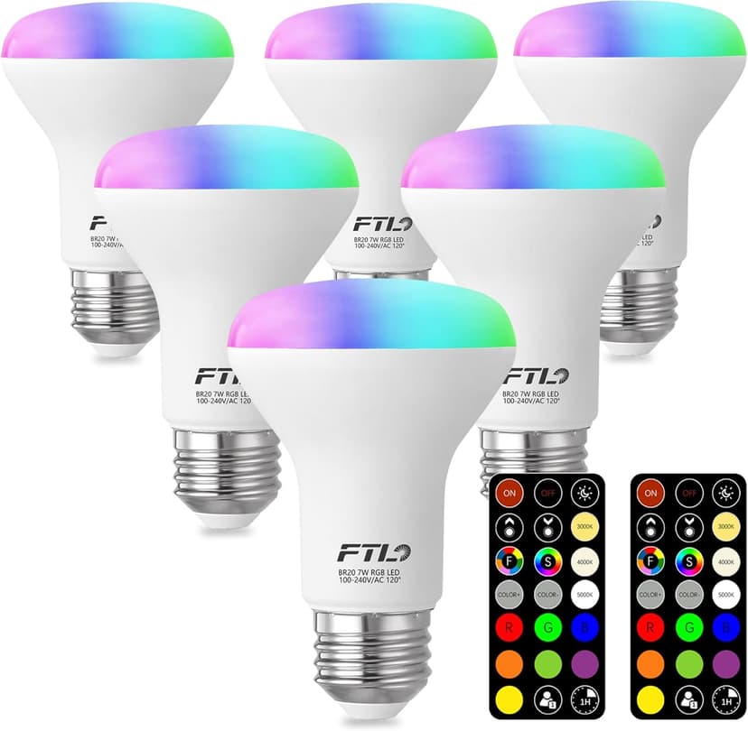 FTL R20 Color Changing Light Bulb with Remote Control, BR20 LED Bulb Dimmable RGB Colored Light Bulbs 7W=60W, 30 Colors, 2700K-6000K, Timer, Color Flood Light Bulbs for Recessed Can Lighting, 6-Pack