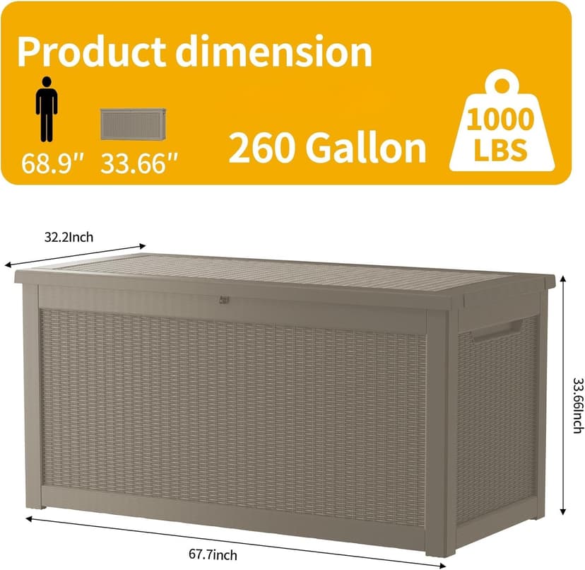 260 Gallon Resin Deck Box, Waterproof Outdoor Storage Box, Lockable for Patio Furniture, Garden Tools, Pool Accessories, UV-Resistant for All Weather Use, Coffee