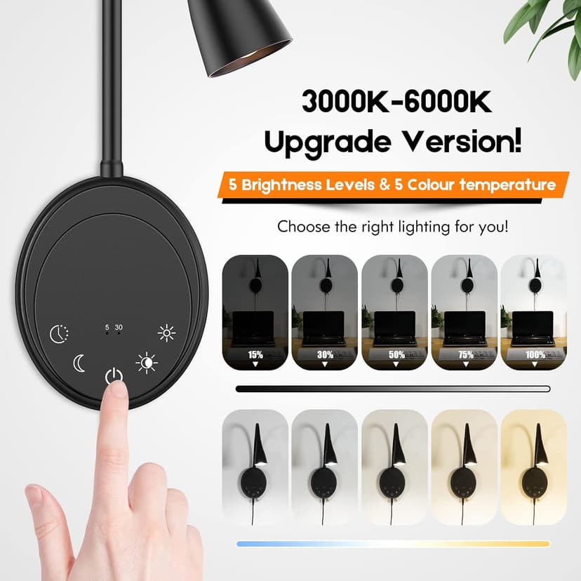 Wall Mounted Reading Light, Bedside Headboard Lights with 5 Dimming & Color Temperature, USB Output, Night Light & Timers Function, Flexible Gooseneck 3000K-6000K Upgrade Bed Lamp (Black)