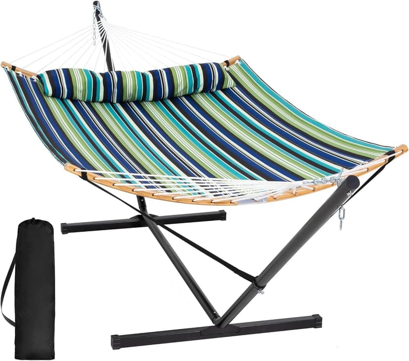 SUNCREAT Heavy Duty Double Hammock and Stand, Free Standing Two Person Hammock with Stand, Green Stripes