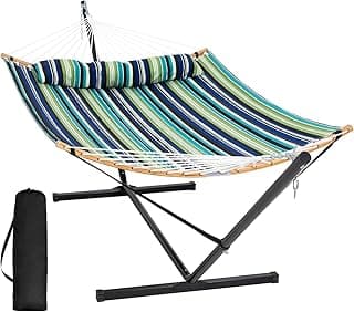 SUNCREAT Heavy Duty Double Hammock and Stand, Free Standing Two Person Hammock with Stand, Green Stripes