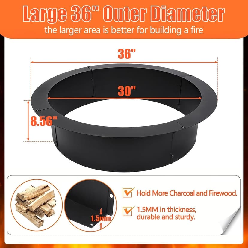 QuliMetal 36-Inch Steel Fire Pit Ring Insert, DIY Campfire Ring Above or In-Ground, Black