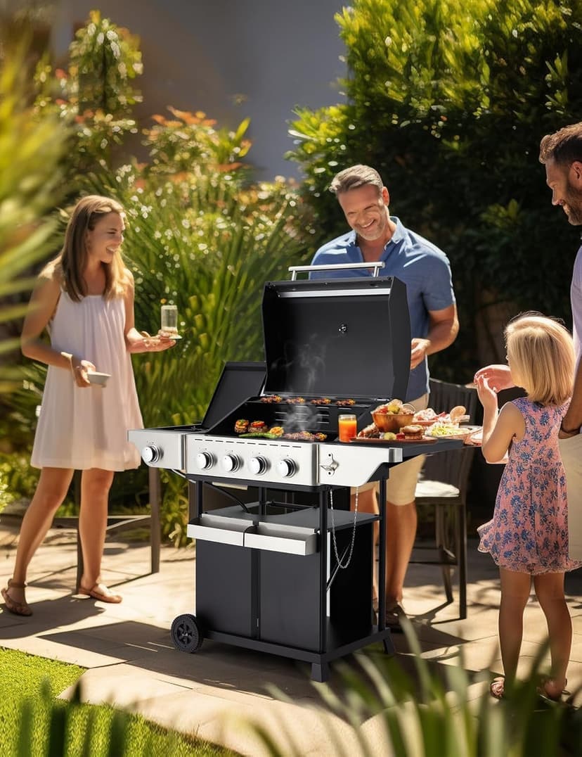 4-Burner Propane Gas Grill with Side Burner, Stainless Steel Spice Rack 542 Sq.In BBQ, 45,000 BTU Portable Propane Grill Output for Outdoor Cooking Kitchen, Barbecue Garden Patio Backyard