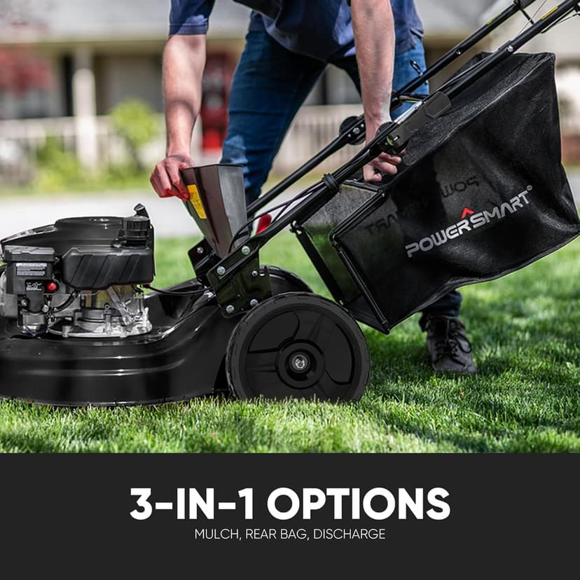 PowerSmart Self Propelled Gas Lawn Mower, 22 in. with 170cc OHV Engine, 3-in-1 Rear-Wheel-Drive High Wheels, Black