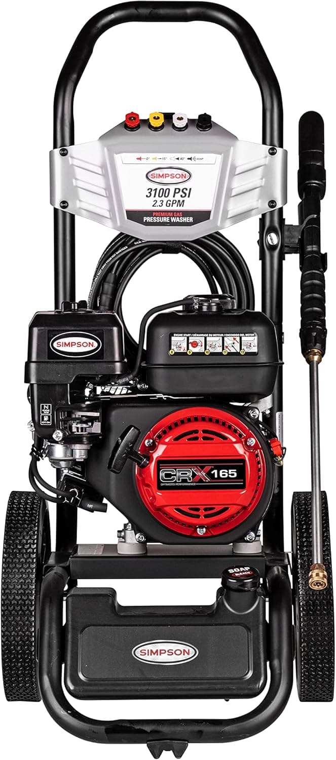 SIMPSON Cleaning MS61222-S MegaShot 3100 PSI Gas Pressure Washer, 2.3 GPM, CRX165 Engine, Includes Spray Gun, Extension Wand, On-Board Soap Tank, 4 QC Nozzles, 25-ft. Hyflex Hose, 49-State