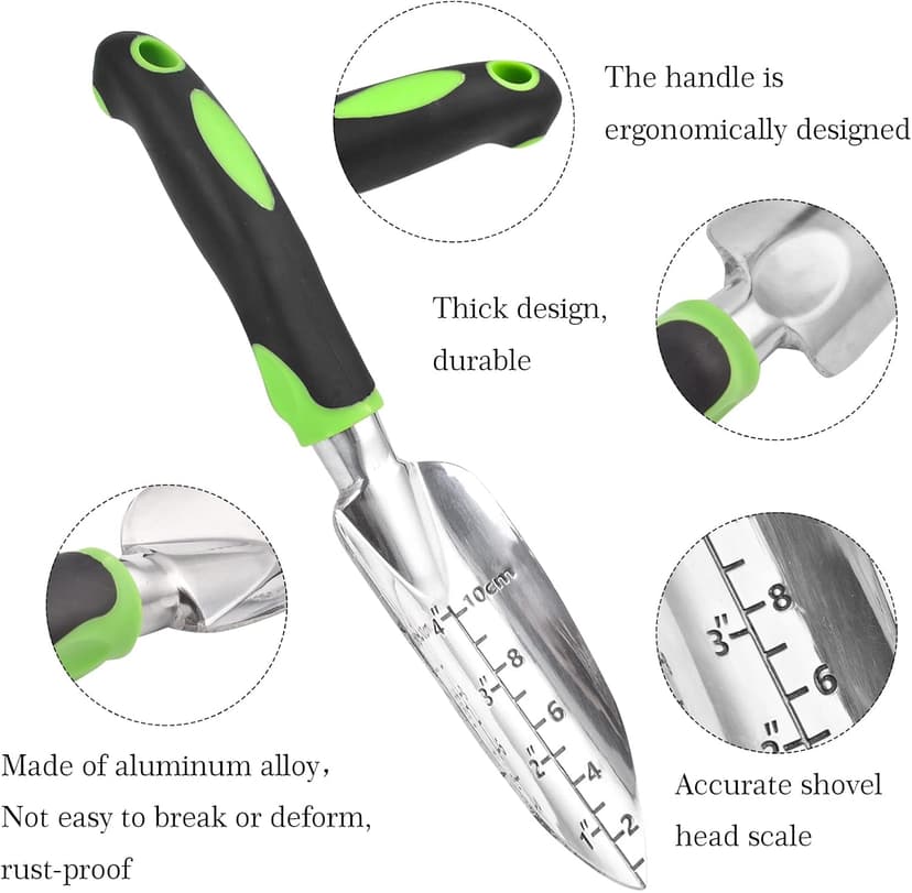 Transplanter Trowel Garden Shovel Hand Trowel Cast-Aluminum Heavy Duty Gardening Tool Depth Marker Measurement Trowel with Ergo Handle for Digging and Planting Engraved Depth Guide (Green)