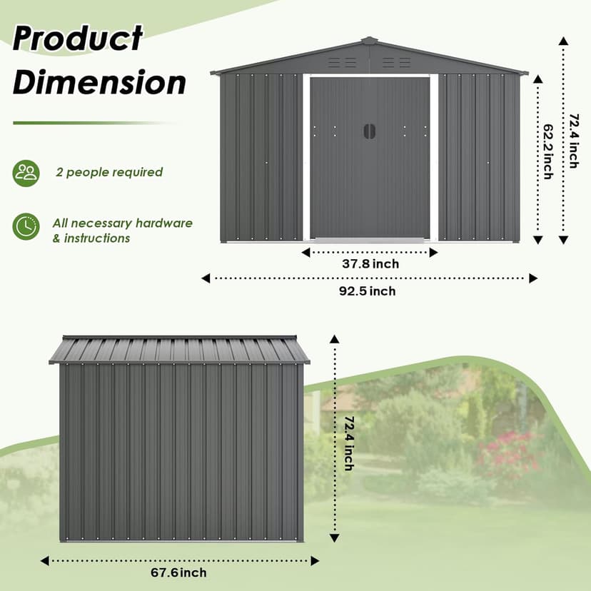 6x8 FT Outdoor Storage Shed, Metal Shed Kit with Double Doorknobs and Air Vents, Double Sloping Roof Garden Shed, Galvanized Shed with Sliding Door (Grey)