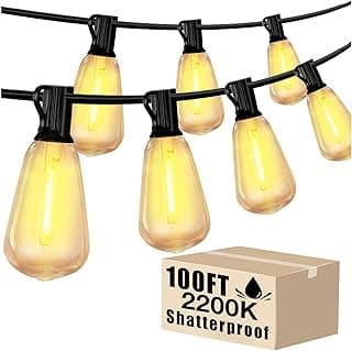 DAYBETTER Outdoor String Lights Waterproof LED Edison Outside Lights, 2200K 34 Shatterproof ST38 Bulbs, Hanging Umbrella Lite for Garden Camping Patio Porch Backyard Deck Balcony