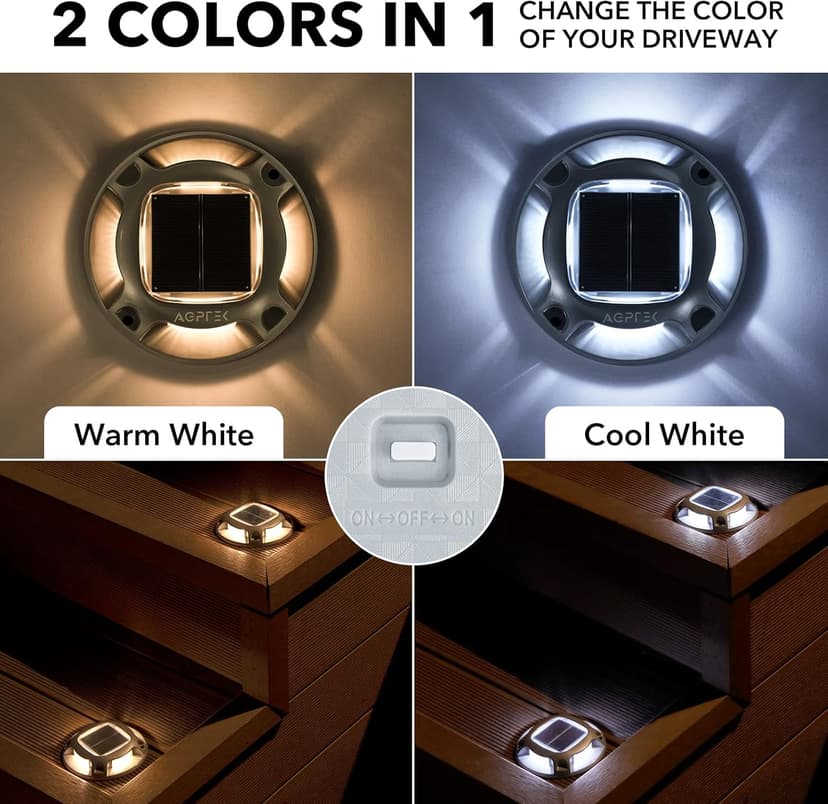 AGPTEK Solar Driveway Lights Outdoor 12 Pack, 2 Color Modes LED Deck Dock Marine Waterproof Driveway Marker Lights for Step Sidewalk Stair Garden Pathway Walkway Yard (Warm White/Cool White)
