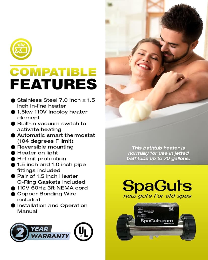 SpaGuts 25-150-0002 Universal Inline Bath Heater Kit, 1.5KW, 110V, 7x1.5 inches, with Built-in Vacuum Switch
