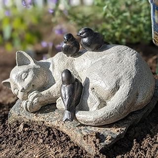 Outdoor Sleeping Cat Statue - Sparrows On Cat Figurine Memorial Statue, Resin, 12" x 8" x 4.5" for Garden Decor