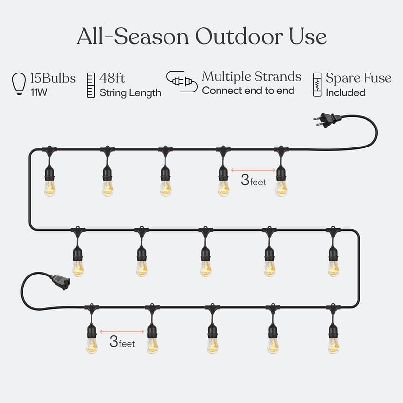 Brightech Ambience Pro Incandescent Outdoor String Lights - Commercial Grade Waterproof Patio Lights with 48 Ft Dimmable Edison Bulbs, Porch String Lights for Patio, Backyard - 15 Bulbs 11W