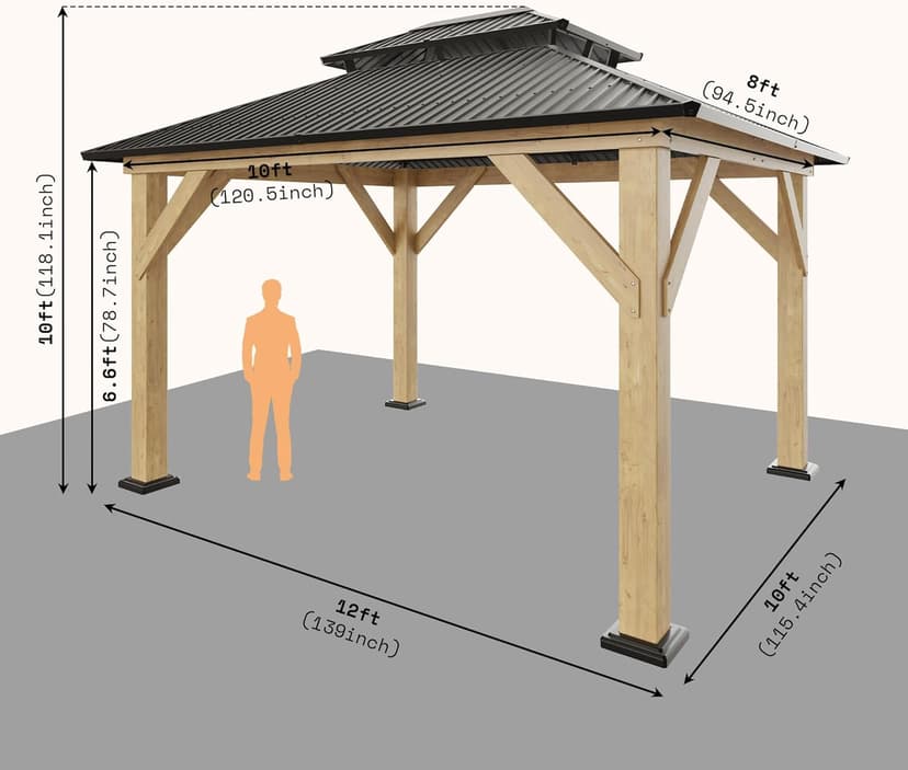 AMERLIFE 10x12 Solid Wood Gazebo, Hardtop Gazebo with Aluminum Double Roof, Outdoor Pergola with Wood Frame for Parties, Backyard, Lawns, Patio