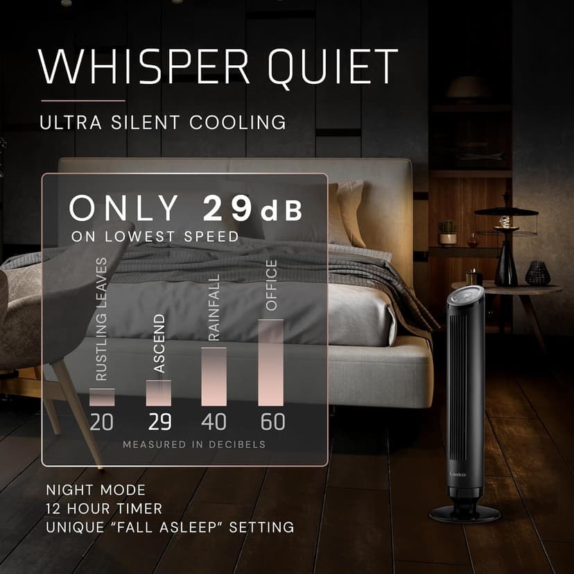 LASKO Ascend 36" Tower Fans for Home, 29 ft/s Airflow, Quiet 29dB on Low, 90° Oscillation, 12 Hour Timer, Air Filter for Hair & Dust, Remote, Black, OST100