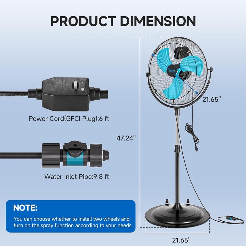 5600 CFM 20" High Velocity Outdoor Misting Fan, Standing Fans for Patio Waterproof, Cooling Floor Fan 3-Speed, 360°Oscillation, Adjustable Height, 2 Casters, Heavy Duty Metal Industrial Fan