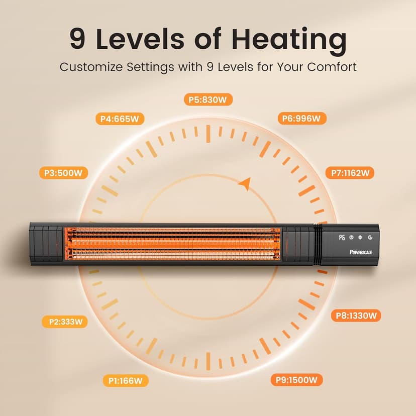 Infrared Heater 24H Timer Outdoor Heater, IP65, Memory Function Infrared Electric Patio Heater, 9 Levels Heating Touchscreen With Remote Electric heater, Restaurant Backyard, 1500W, Black