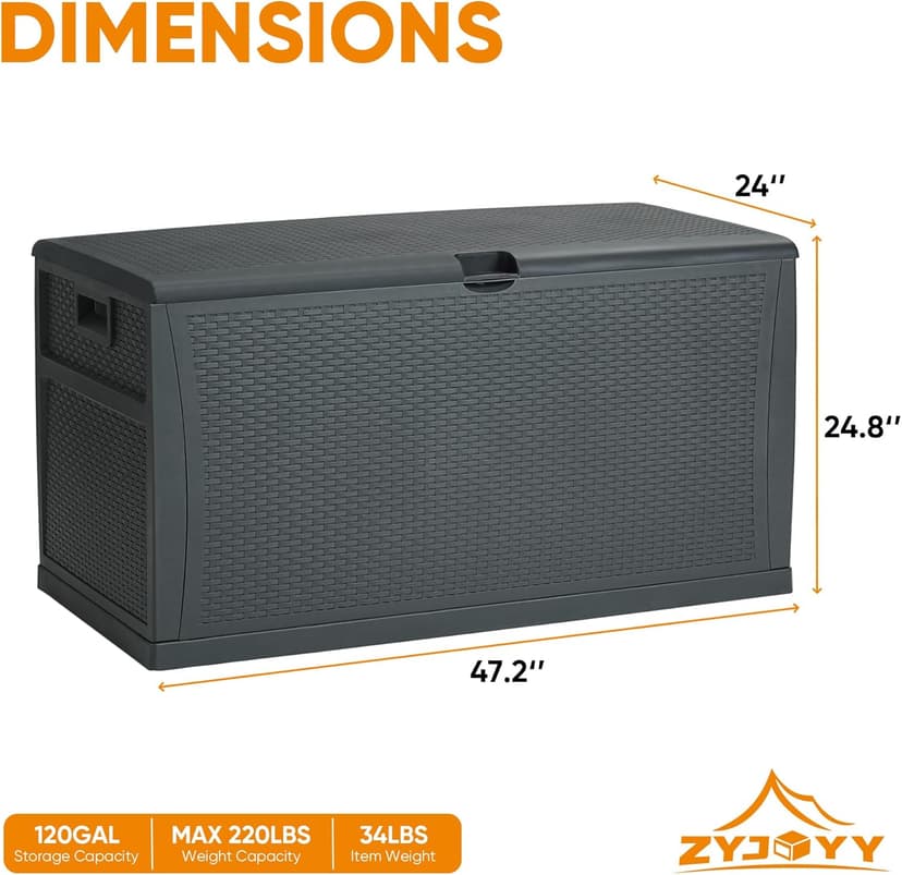 120 Gallon Resin Deck Box, Weatherproof Outdoor Storage Box for Patio, Garden, Pool, and Yard, Lockable Waterproof Bin for Tools, Cushions, and Accessories, Grey