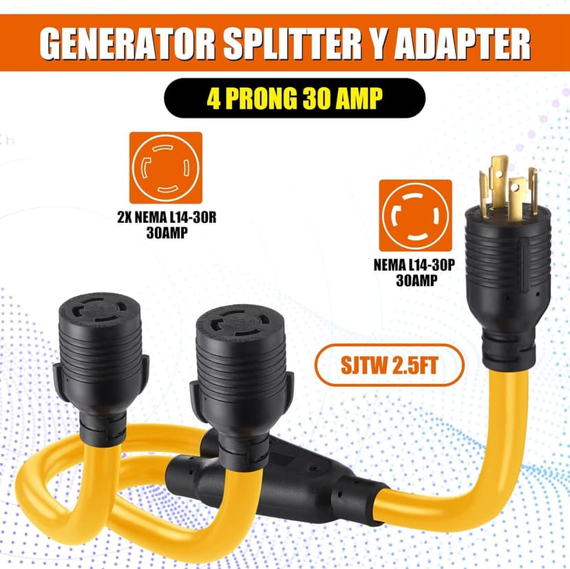 Kanayu 4 Prong 30 Amp Generator Splitter Y Adapter Cord Compatible with NEMA L14-30P to 2X L14-30R, Generator Locking Power Adapter Cord for Manual Transfer Switch, Outages SJTW 10 AWG/4 C, 2.5 FT