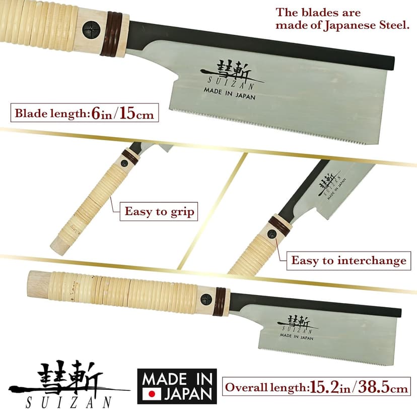 SUIZAN Dozuki Dovetail Saw 6" Crosscut - Professional Japanese Pullsaw Handsaw Woodworking Tools