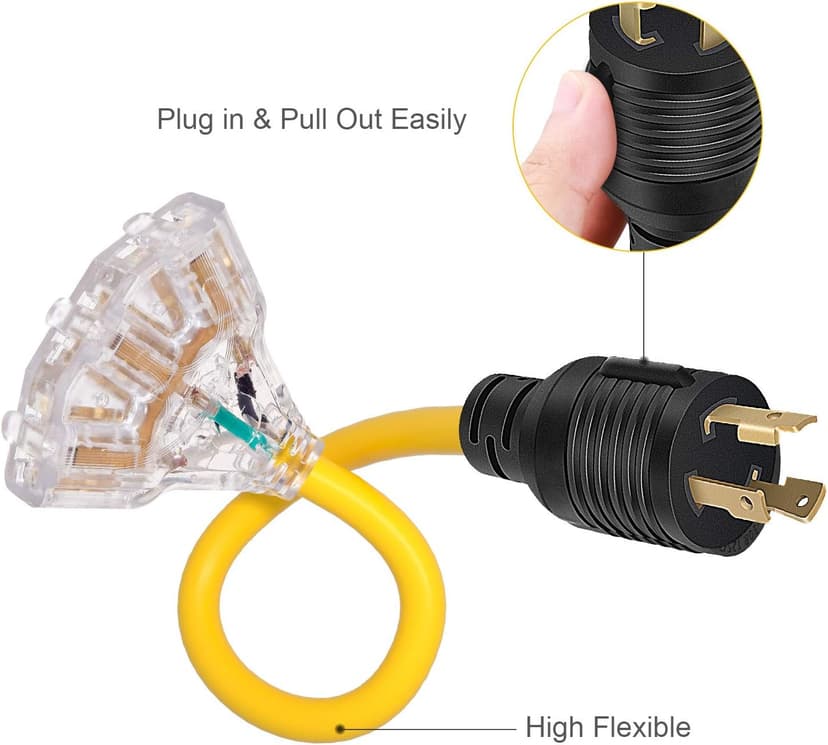 30 Amp to 110 Adapter Generator Power Cord, 3 Prong 30 Amp to 15 Amp Generator Adapter, Nema L5-30P Male to 3X 5-20R Female with Lighted End, 1.5 FT