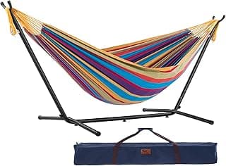Vivere Double Cotton Hammock with Space Saving Steel Stand, Upgraded Polyester End Strings 450 lb Capacity - Premium Carry Bag Included - USA Grown Cotton (Tropical)