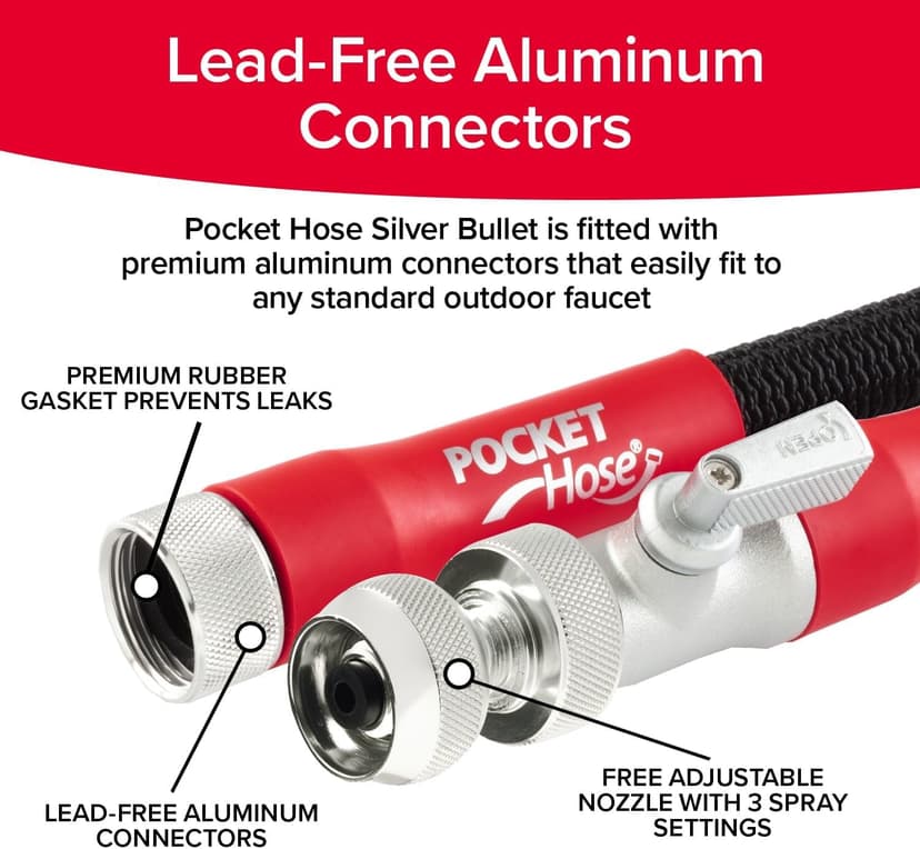 Pocket Hose Silver Bullet 2.0 Expandable Garden Hose 25-FT with Turbo Shot Nozzle, AS-SEEN-ON-TV, Lead-Free, Solid Aluminum Connectors, Easy On/Off Valve, Kink-Free, Leak-Proof