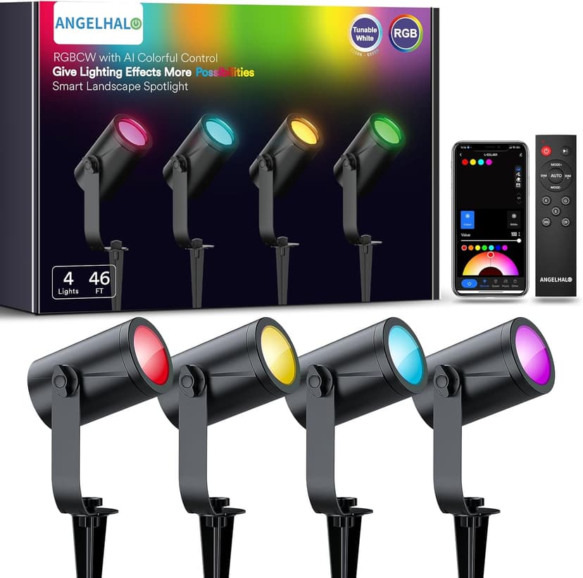 Smart Landscape Spotlights, 4 Pack RGBW Pathway Lights, 2000LM Dimmable, IP65 Waterproof, Compatible with Alexa, Outdoor Decoration
