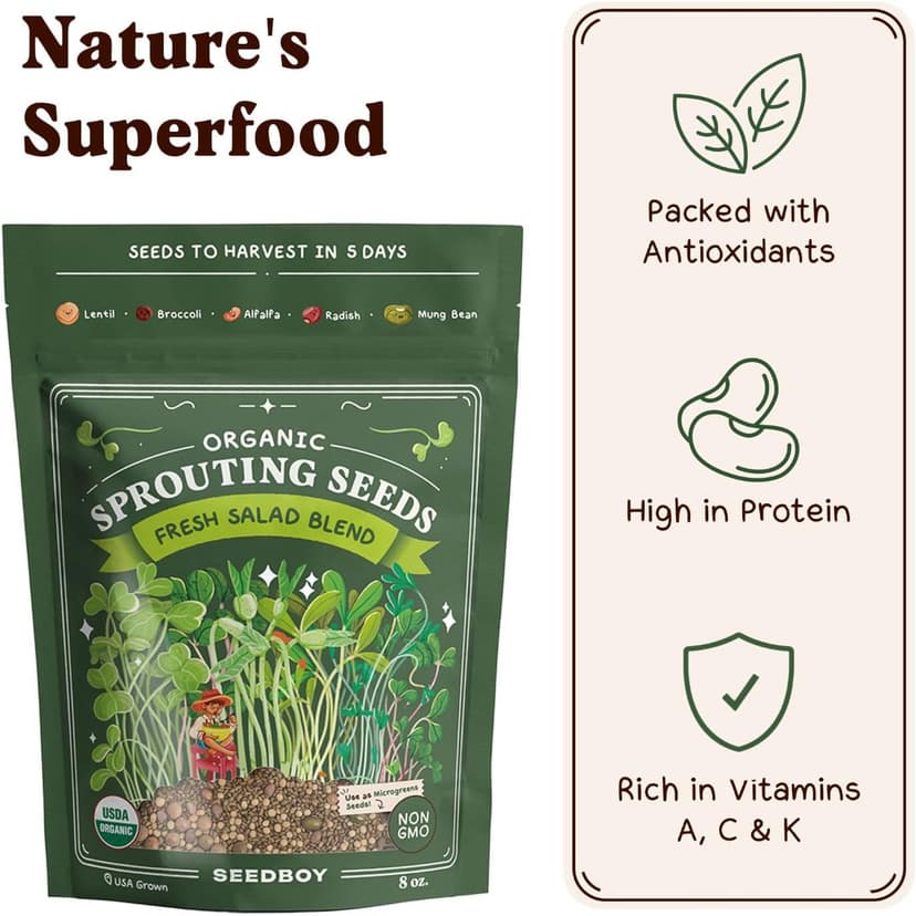 Organic Sprouting Seeds - Salad Blend Variety- Non-GMO, USA Grown Microgreens Mix - Alfalfa, Broccoli, Radish, Mung Bean, Lentil - Makes 8 Quarts of Sprouts, 24 Servings (8 oz) (Salad Blend)