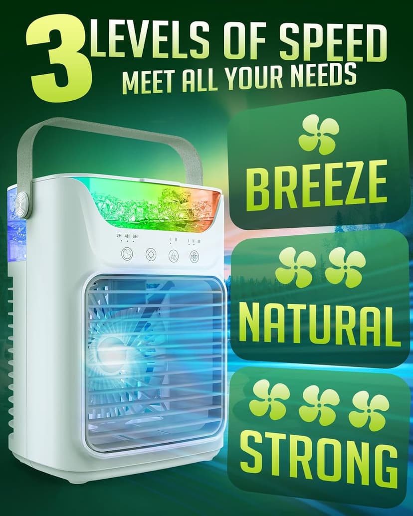 Portable Air Conditioners, 3 Wind Speeds & 7 LED Lights Evaporative Personal Air Cooler, 4 in 1 Portable AC with 650 mL Large Water Tank, Mini Air Conditioner for Bedroom/Car/Home/Camping/Room